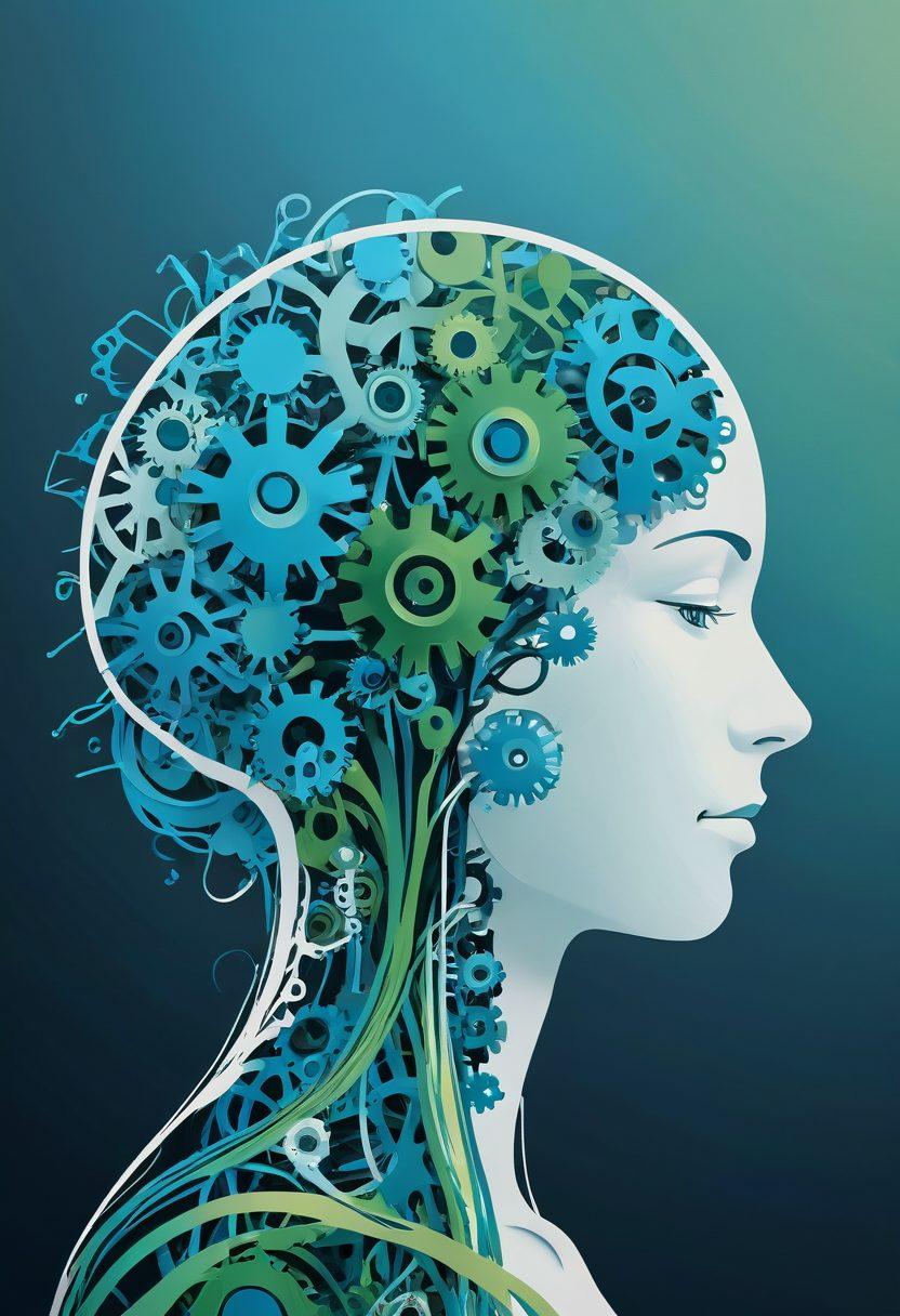 An abstract representation of a brain unlocking, symbolizing neurorehabilitation with colorful gears and pathways emerging from it. A silhouette of a figure gently moving forward, demonstrating the Bobath approach, surrounded by soft, flowing lines of energy. Include soothing colors like blues and greens to evoke calmness and hope. The background should feature blurred silhouettes of rehabilitation settings to provide context. vibrant colors. super-realistic.