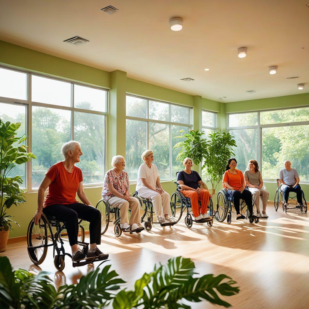 A dynamic scene showcasing a diverse group of patients engaging in various forms of therapy and rehabilitation. Highlight a patient working with a therapist using innovative equipment, while another group practices movement in a bright, welcoming space filled with greenery. Infuse a sense of hope and transformation with warm, uplifting colors, and showcase expressions of empowerment and joy on their faces. super-realistic. vibrant colors. bright atmosphere.