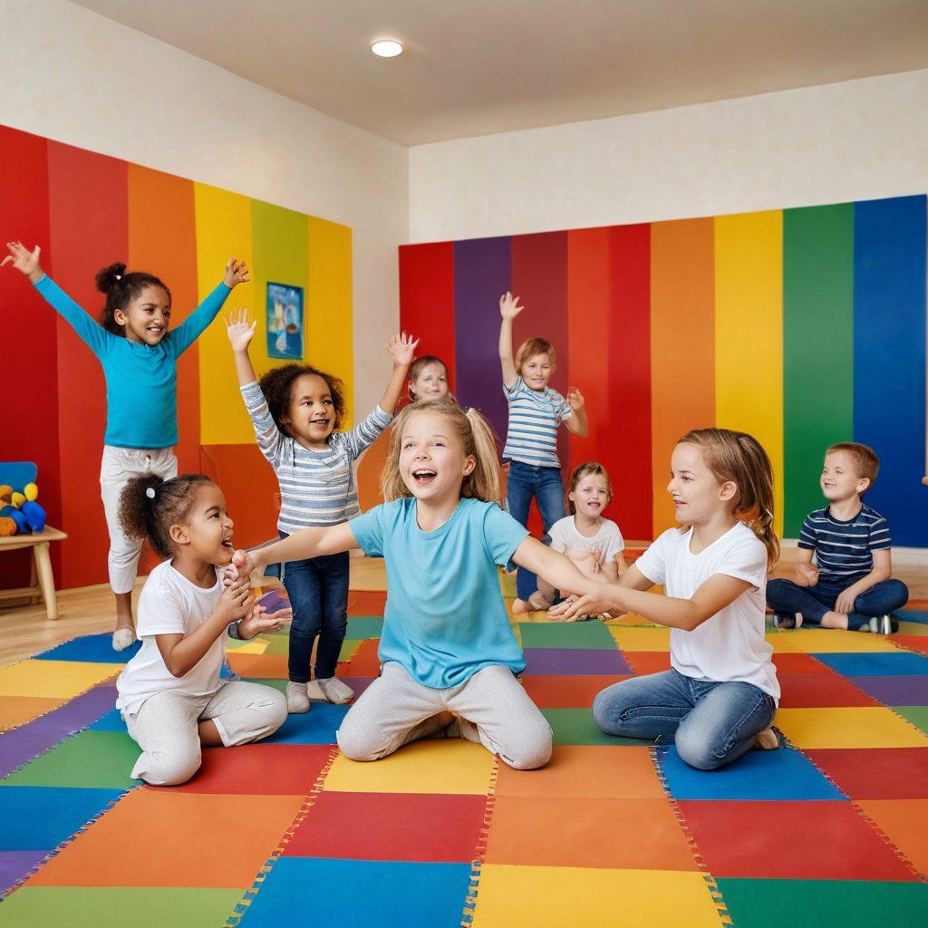 A dynamic scene featuring a diverse group of children engaging in various playful activities that showcase motor skills development, with a knowledgeable therapist assisting them in the background. The atmosphere should be vibrant and energetic, highlighting the joyful expressions of the children as they explore movement. Incorporate elements that represent the Bobath Concept, such as gentle support techniques and dynamic positioning. Bright colors, soft textures, and a warm, inviting space that encourages movement. super-realistic. vibrant colors. warm background.